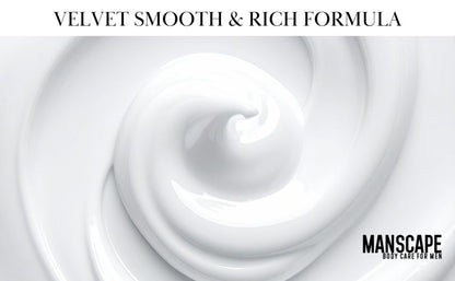 Manscape body care product with white liquid texture and brand name on a light gray background